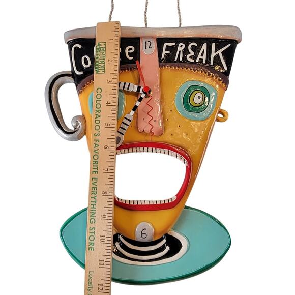 Rare Allen Designs Coffee Freak Wall Clock Studio Art Funky Mug Face 13x9" Works - Picture 2 of 16